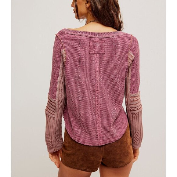 FREE PEOPLE We The Free Swinging Cable Cuff Top Tee / Vineyard Grape Combo XS - Picture 5 of 6